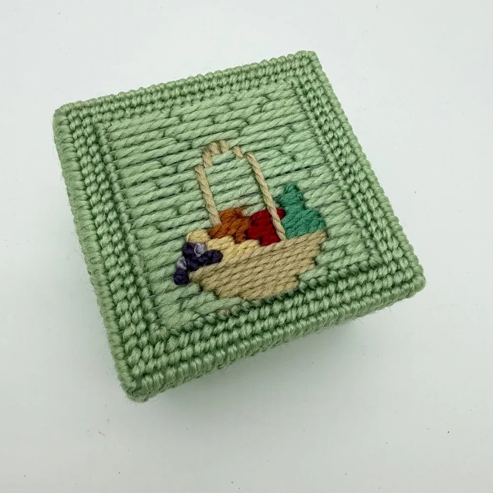 Handmade Needlepoint Coaster Set with Box‎ 8pc Mint Green Floral Vintage 4x4